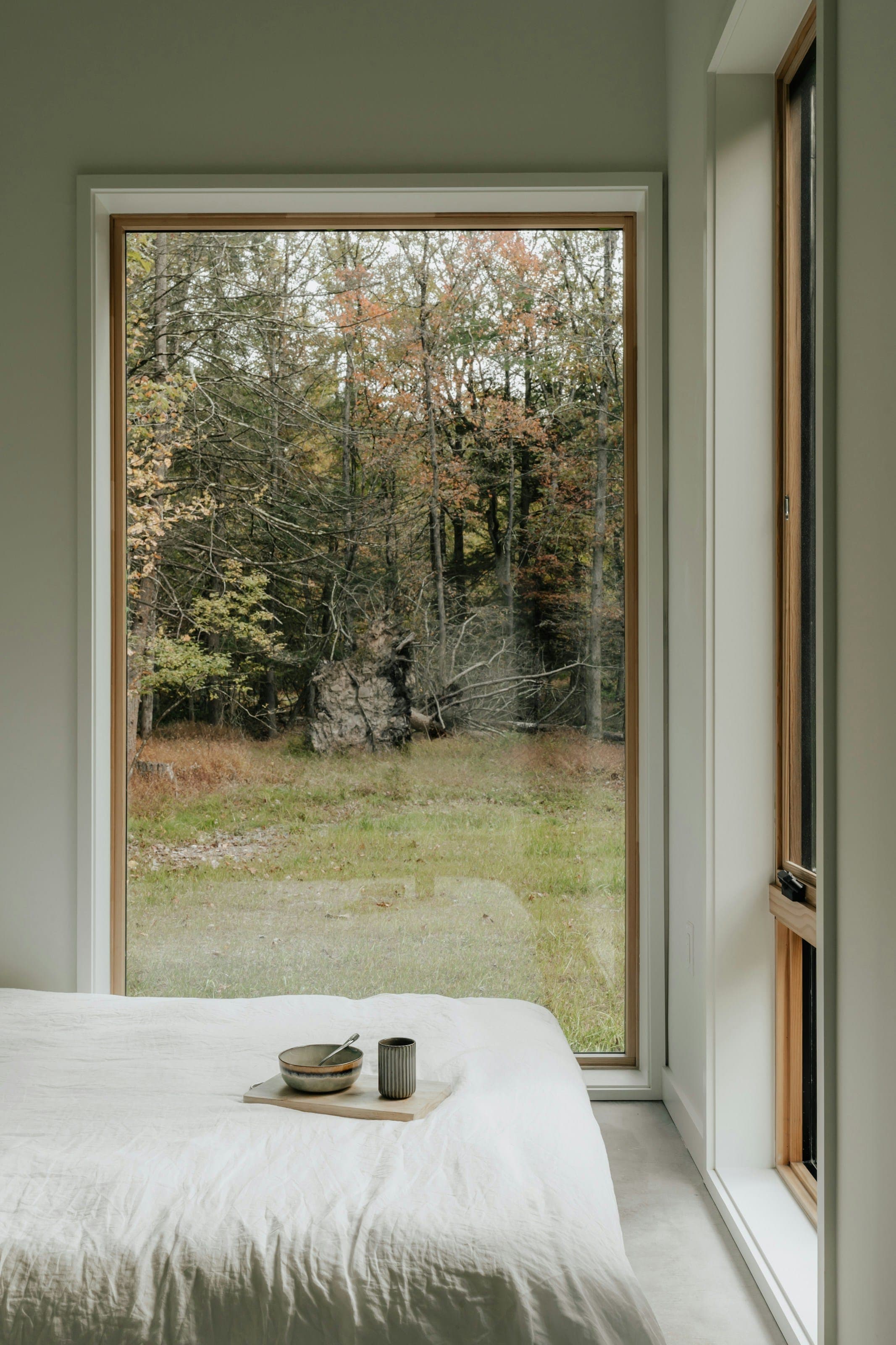 Chambre lumineuse avec grande fenêtre cadrant la nature automnale