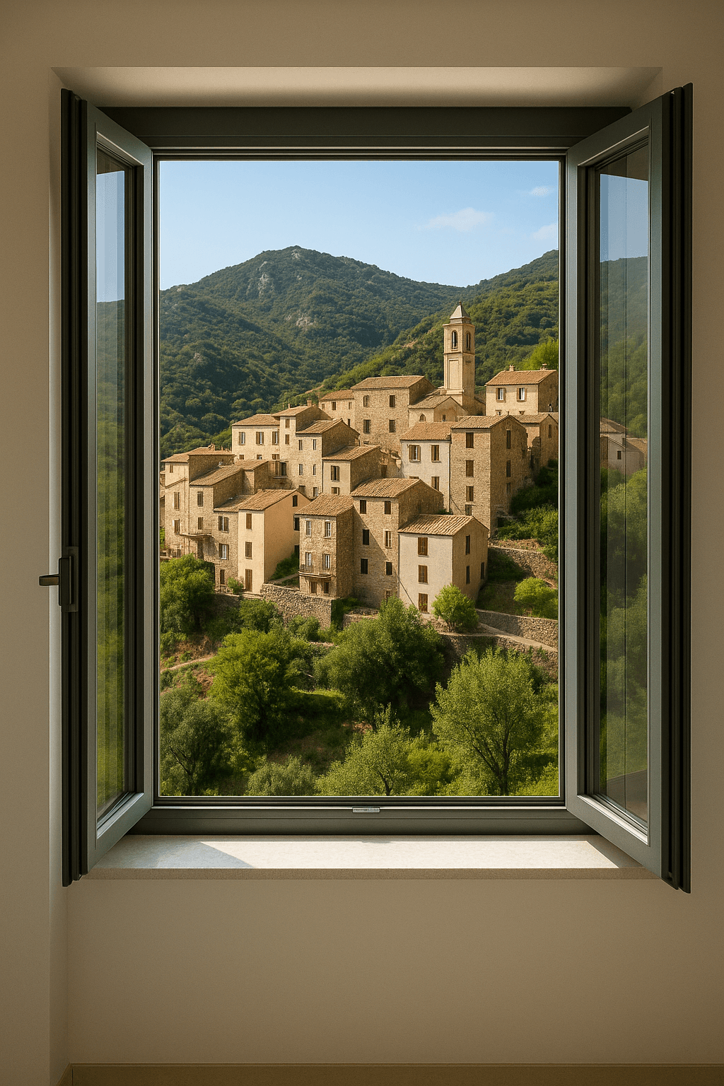 Fenêtre aluminium ouverte sur un village corse perché dans la montagne